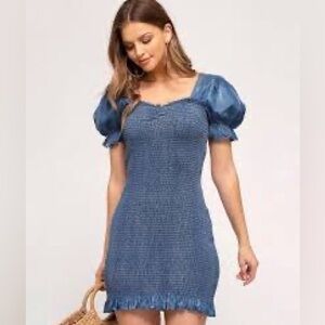 NWT She + Sky size small denim blue puff sleeve dress.